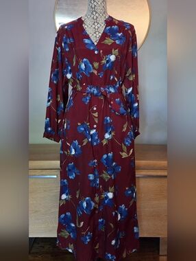 FRNCH PARIS ABIGAELLE Burgundy Maxi Dress with Blue Floral Print